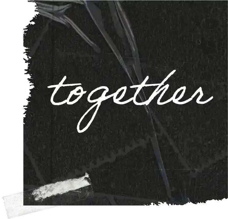 Word 'together' on black shaped background.